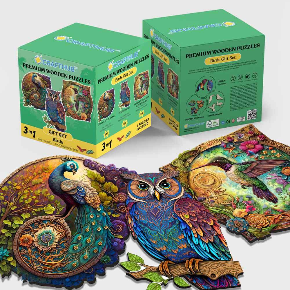 Animal Jigsaw Puzzle > Wooden Jigsaw Puzzle > Jigsaw Puzzle 3 x A3 Size L Wooden Jigsaw Puzzles + Gift Box 3-Pack Bird Species - Wooden Jigsaw Puzzle Gift Set