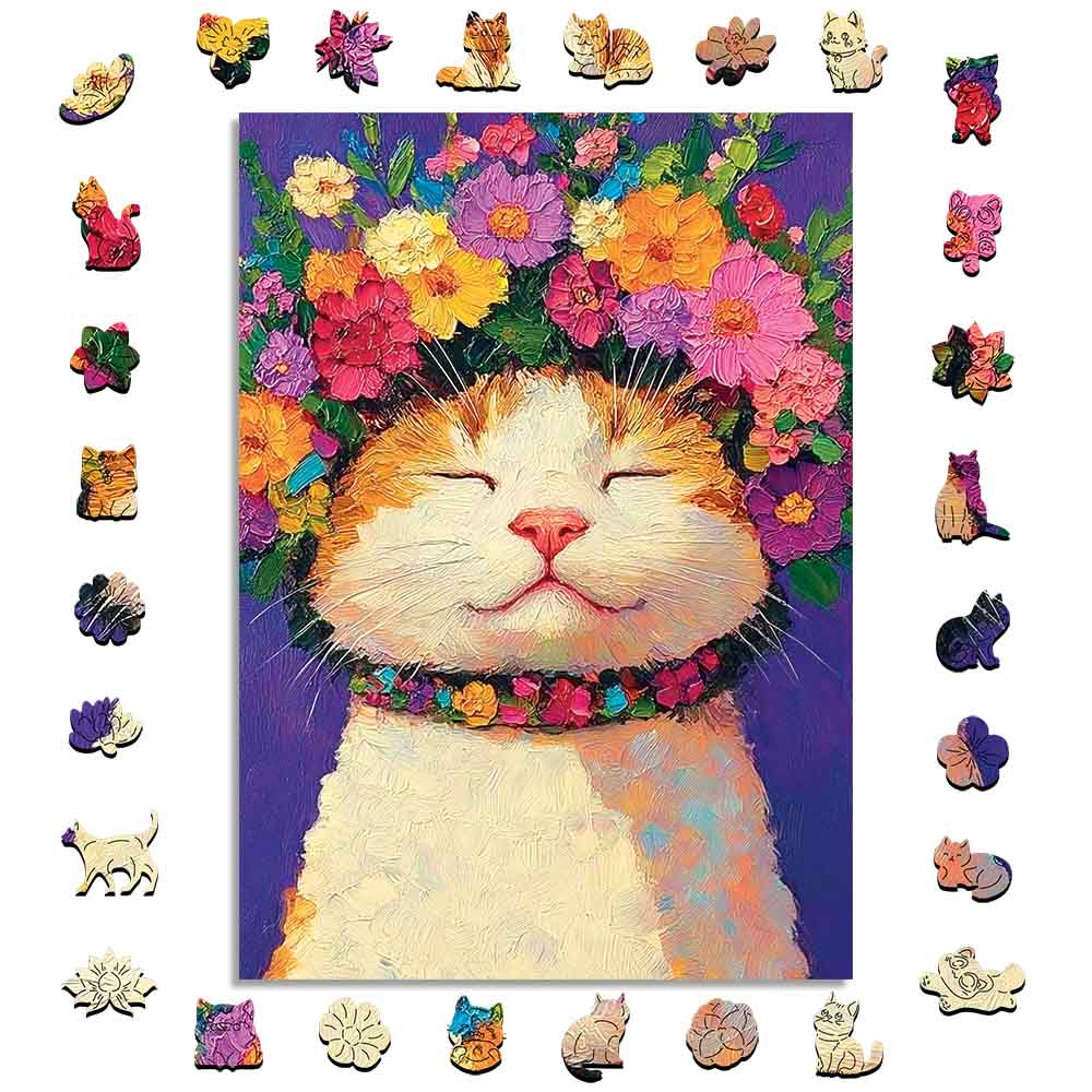 花の猫 - 木製ジグソーパズル