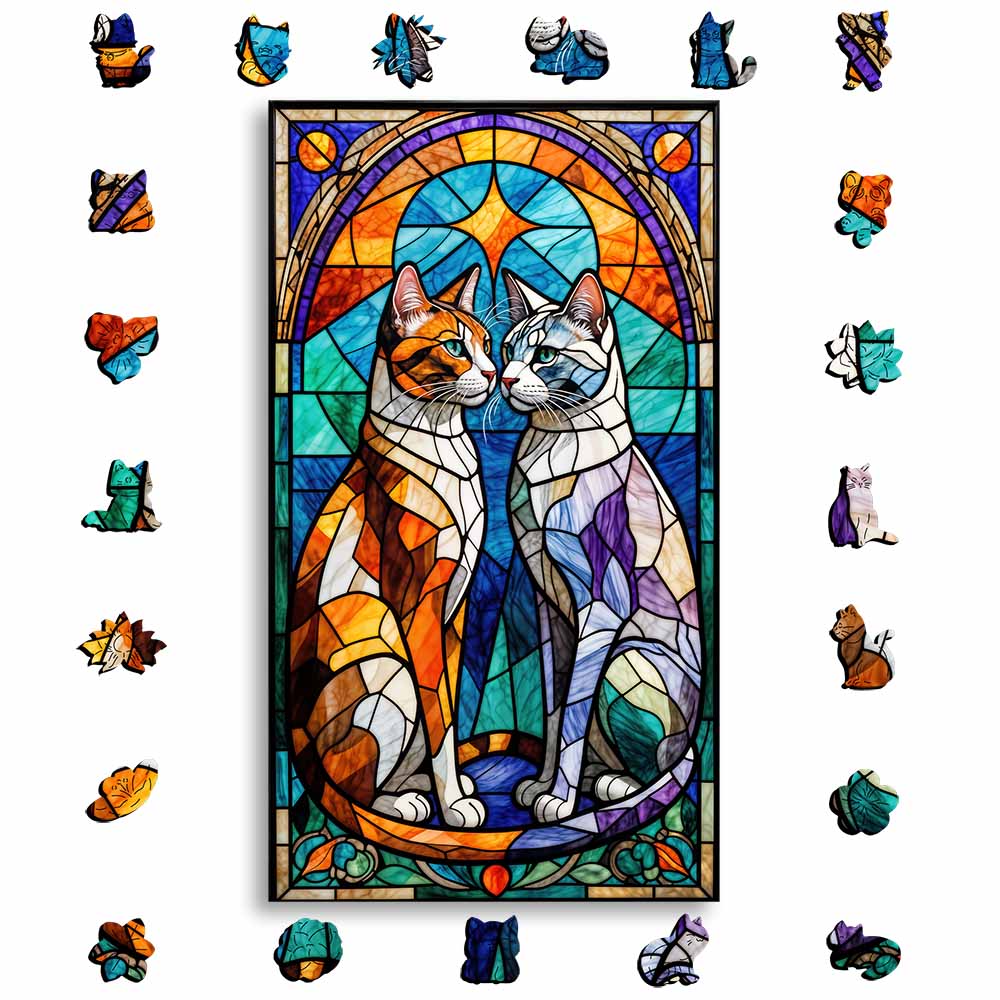 Wooden Jigsaw Puzzles A5 Stained Glass Cats - Jigsaw Puzzle